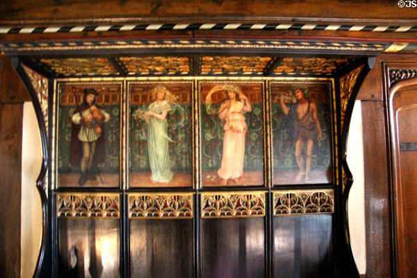 Four Seasons Oak Canopy Settle (1875-1900) by Charles Eamer Kempe at Wightwick Manor. Wolverhampton, England.