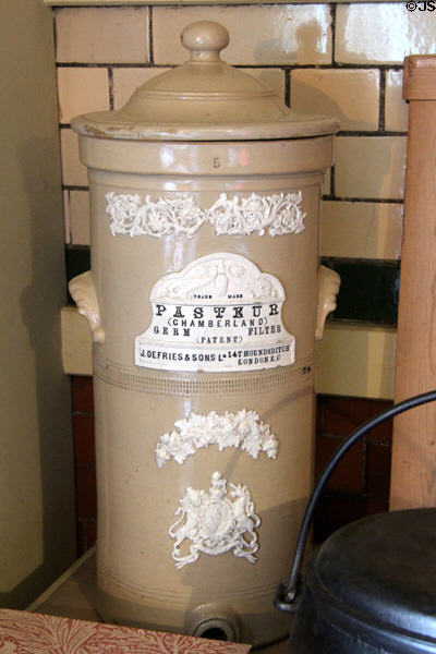 Ceramic water Pasteur (Chamberland) germ filter by Defries & Sons of London in kitchen at Wightwick Manor. Wolverhampton, England.