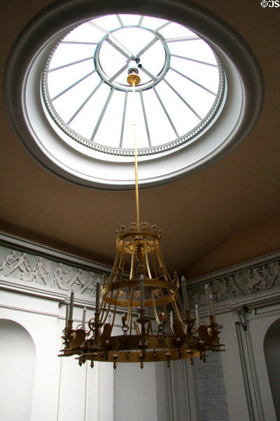 Chandelier under skylight at Ashmolean Museum. Oxford, England.