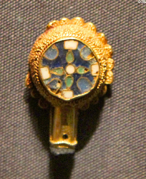 Anglo-Saxon "Minister Lovell Jewel" of cloisonné enamel in gold frame (871-899) at Ashmolean Museum. Oxford, England.