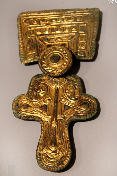 Anglo-Saxon gilt-copper alloy square-headed brooch (500-575) found in Tuxford, Nottinghamshire at Ashmolean Museum. Oxford, England.