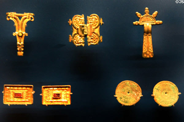 Anglo-Saxon copper alloy clasps & brooches (500-600) found mostly in Cambridgeshire burials at Ashmolean Museum. Oxford, England.