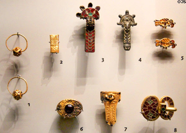 Anglo-Saxon brooches, rings & precious metal items (600-700) found in Picquigny, France burials at Ashmolean Museum. Oxford, England.