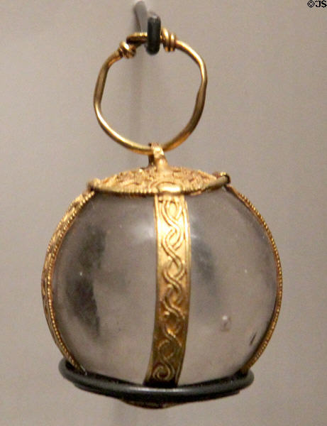 Anglo-Saxon amulet sphere of rock crystal in gold mount pendant (400-800) found in Picquigny, France burial at Ashmolean Museum. Oxford, England.