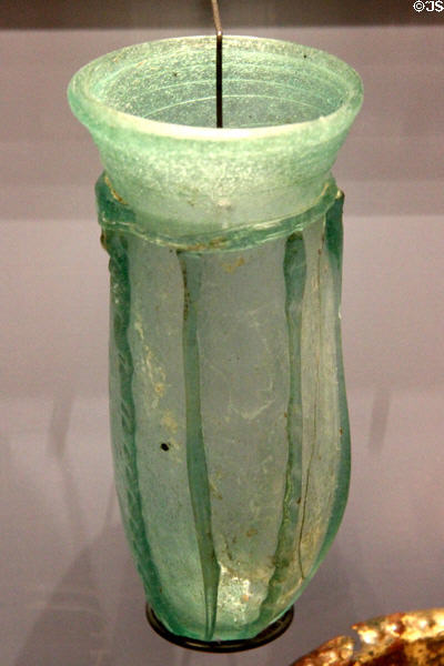 Anglo-Saxon glass bag beaker (500-600) from male grave at Ashmolean Museum. Oxford, England.