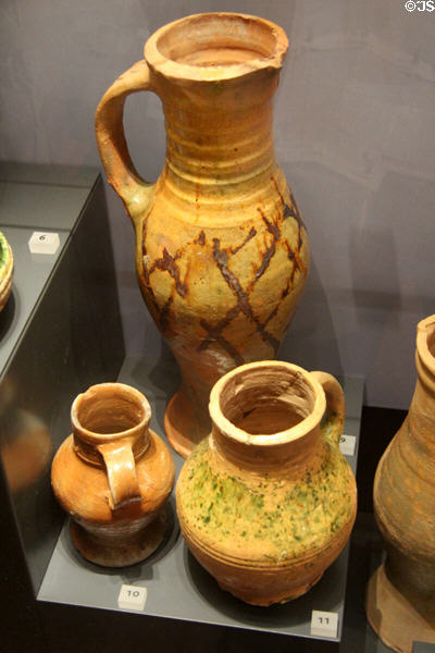 Ceramic vessels (1200s-1500s) from near Oxford at Ashmolean Museum. Oxford, England.