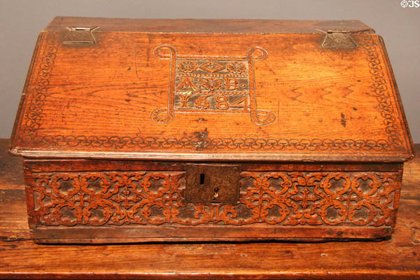 English oak desk writing box (1684) at Ashmolean Museum. Oxford, England.