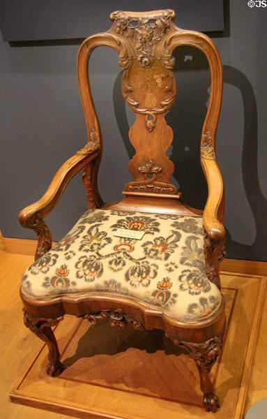 Walnut armchair with pierced splat (c1740) from Holland at Ashmolean Museum. Oxford, England.