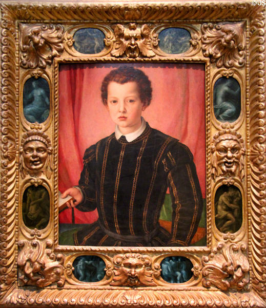 Portrait of Giovanni de'Medici (c1550-1) by Agnolo Bronzino with Florentine frame (c1580) at Ashmolean Museum. Oxford, England.