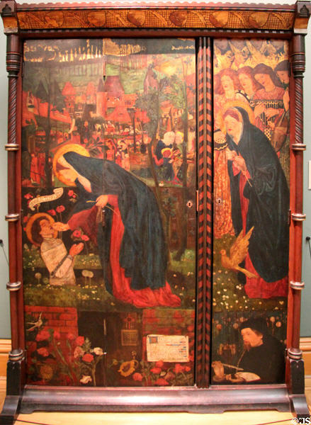 Chaucer's Canterbury Tales - Prioress's Tale Wardrobe (wedding present to William Morris & Jane Burden) (1859) by Philip Webb & painted by Edward Coley Burne-Jones at Ashmolean Museum. Oxford, England.