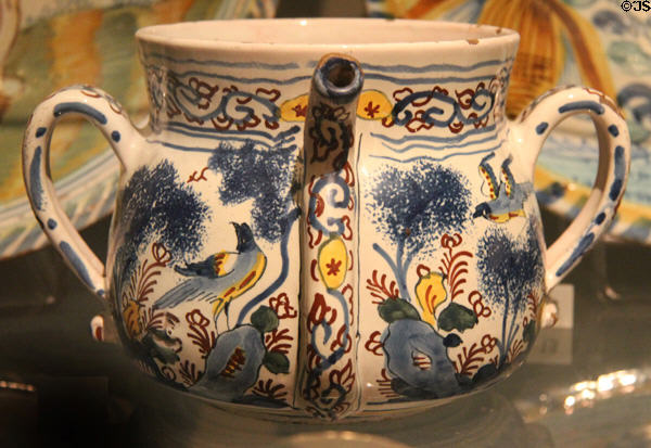 Posset pot painted with foliage & birds (c1700-10) from Lambeth?, England at Ashmolean Museum. Oxford, England.