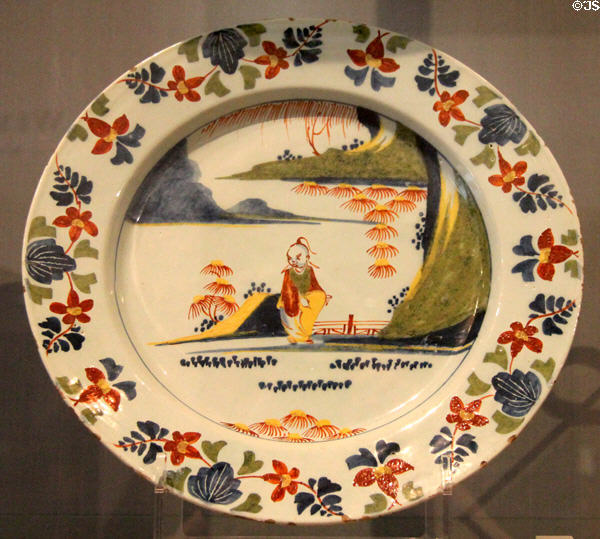 Tin-glazed earthenware dish (c1720-5) from London at Ashmolean Museum. Oxford, England.