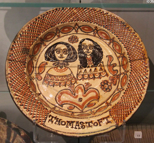 Earthenware dish with James, Duke of York & first wife Anne Hyde (c1670) by. Thomas Toft of Staffordshire, England at Ashmolean Museum. Oxford, England.