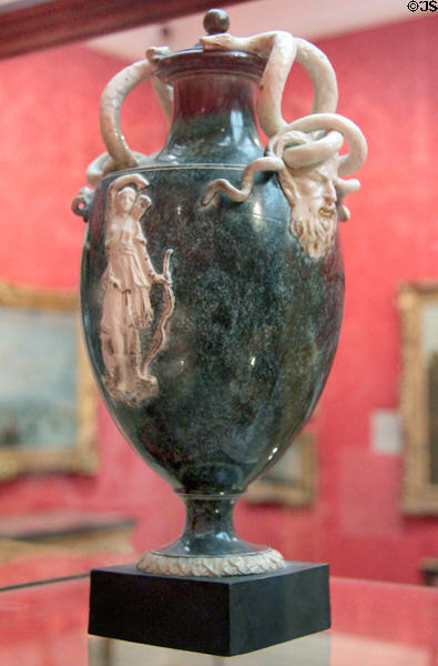 Snake-handled vase with Roman goddess Diana (c1770-80) by Wedgwood & Bentley of Etruria, Stoke-on-Trent at Ashmolean Museum. Oxford, England.