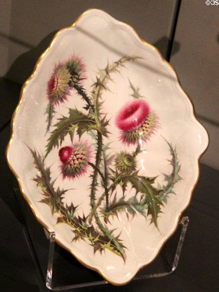 Dessert dish (c1800) painted by W. "Quaker" Pegg, made in Derby at Ashmolean Museum. Oxford, England.