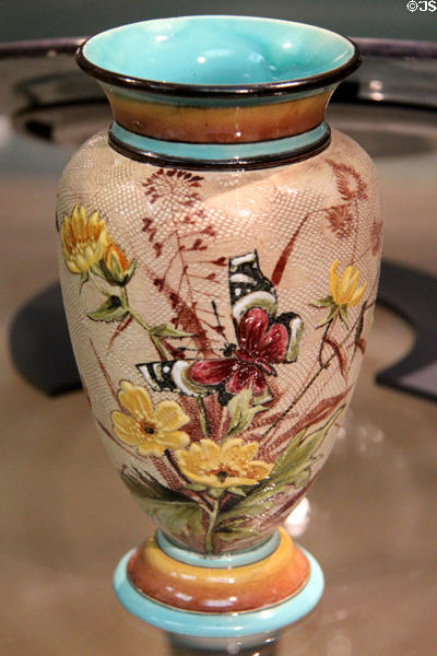 'Faience' vase with butterfly pattern (c1880) by Doulton & Co at Ashmolean Museum. Oxford, England.