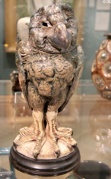 Salt glazed stoneware 'Wally Bird' tobacco jar (1898) by Martin Brothers of Fulham at Ashmolean Museum. Oxford, England.