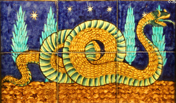 Snake earthenware tile panel (1872-1907) by William De Morgan at Ashmolean Museum. Oxford, England.