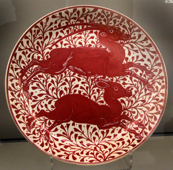 Ruby lustre antelope plate (1872-1907) by William De Morgan at Ashmolean Museum. Oxford, England.