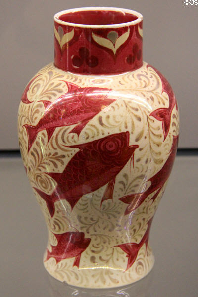 Ruby lustre fish vase (1888-1907) by Charles Passenger for William De Morgan at Ashmolean Museum. Oxford, England.