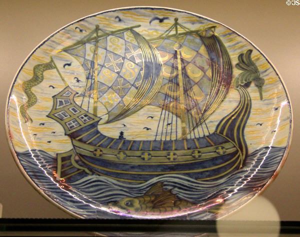 Lustre galleon plate (1888-1907) by Charles Passenger for William De Morgan at Ashmolean Museum. Oxford, England.