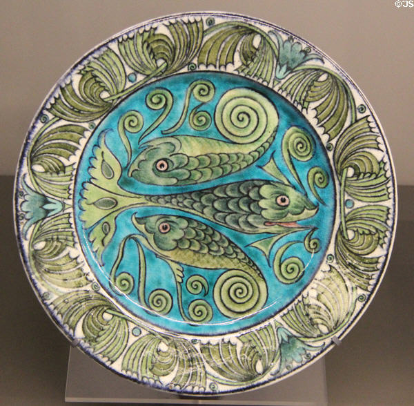 Fish tazza (1888-1907) by Charles Passenger of Sands End Pottery of Fulham for William De Morgan at Ashmolean Museum. Oxford, England.