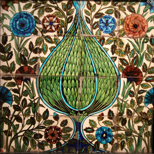 Ornamental tile panel (1872-1907) by William De Morgan at Ashmolean Museum. Oxford, England.