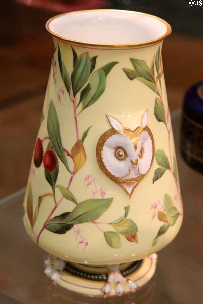 Porcelain vase with owls' head & claws (1869) by Christopher Dresser made by Minton & Co of Stoke-on-Trent at Ashmolean Museum. Oxford, England.