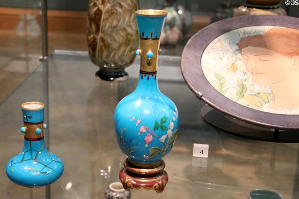 Porcelain blue vases (1870) possibly by Christopher Dresser made by Minton & Co of Stoke-on-Trent at Ashmolean Museum. Oxford, England.