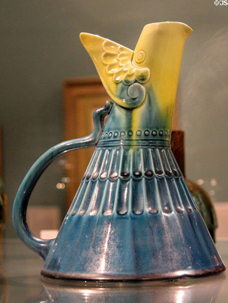 Earthenware bird-form ewer (c1880) by Christopher Dresser made by Linthorpe Art Pottery at Ashmolean Museum. Oxford, England.