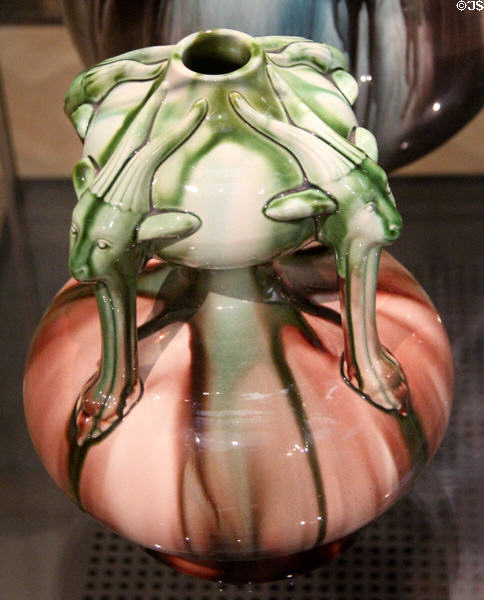 Earthenware Goat vase (c1892-6) by Christopher Dresser made by Ault Pottery, Derbyshire at Ashmolean Museum. Oxford, England.