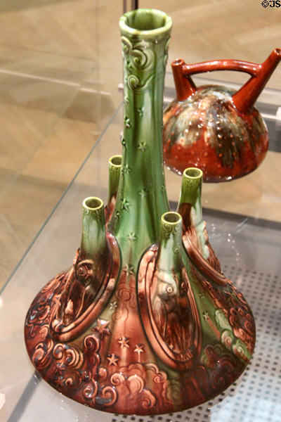 Earthenware Owl vase (c1892-6) by Christopher Dresser made by Ault Pottery, Derbyshire at Ashmolean Museum. Oxford, England.