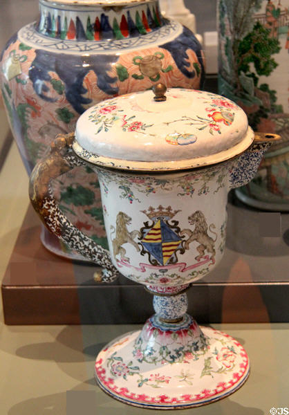 Enamel armorial jug with arms of John Drummond, Duke of Melfort (1692) made in China at Ashmolean Museum. Oxford, England.