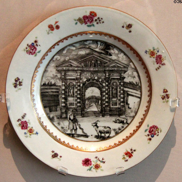 Oxford plate painted with gates to Oxford's Botanic Garden based on engraving (c1755) made in China at Ashmolean Museum. Oxford, England.