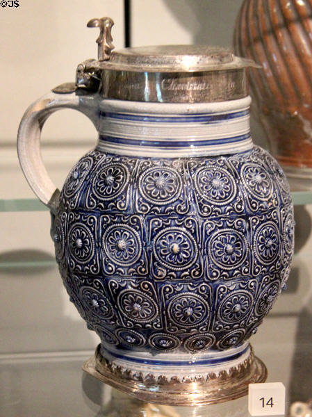 Cobalt blue stoneware tankard (1652) by Westerwald at Ashmolean Museum. Oxford, England.