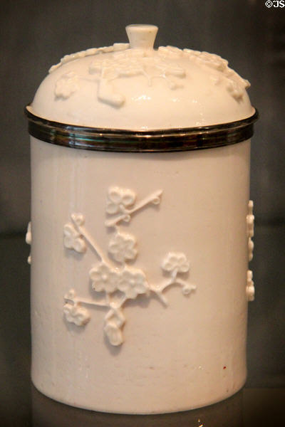 Porcelain blanc de Chine tobacco jar with silver mounts (1740) by Saint-Cloud of France at Ashmolean Museum. Oxford, England.