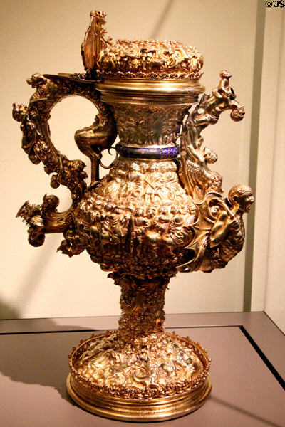 Silver-gilt ewer decorated in Manueline style of Portugal (c1515-30) at Ashmolean Museum. Oxford, England.