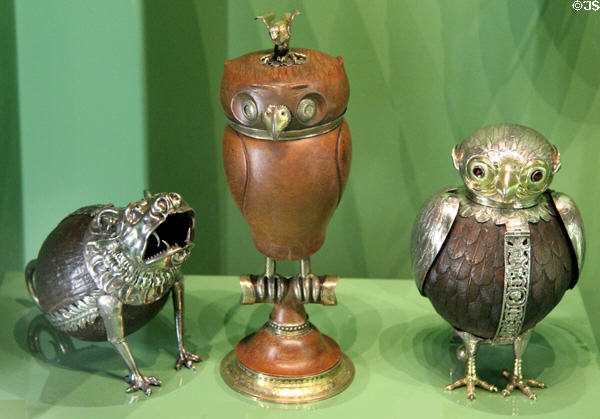 Coconut cups with silver fittings c1530-60) from Germanic Europe in shapes of monsters & owls at Ashmolean Museum. Oxford, England.