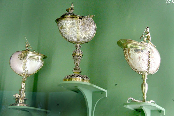 Nautilus shells in silver mounts from Nuremberg (c1580), Augsburg (1610-30) & perhaps Antwerp (c1580-1600) at Ashmolean Museum. Oxford, England.