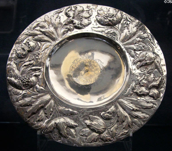 Silver salver (1661) marked SN of London at Ashmolean Museum. Oxford, England.