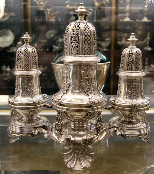 Set of three silver casters (1735) by Paul de Lamerie of London at Ashmolean Museum. Oxford, England.