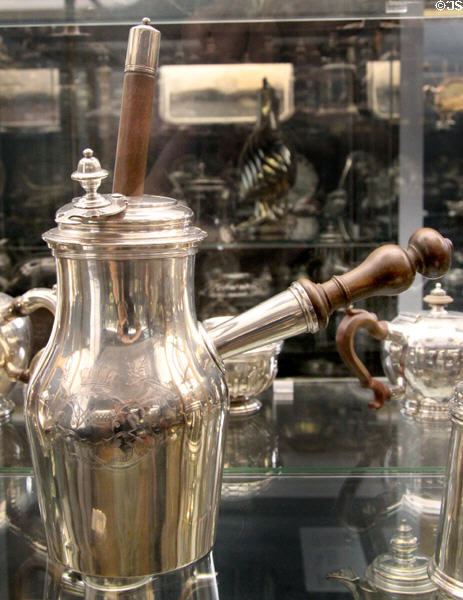 Silver chocolate pot & stirrer (1738) by Paul Crespin of London at Ashmolean Museum. Oxford, England.