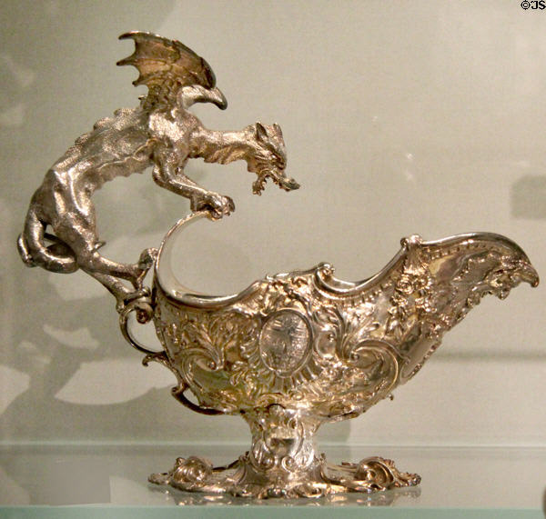 Dragon-handled silver sauceboat (1740-50) from London at Ashmolean Museum. Oxford, England.