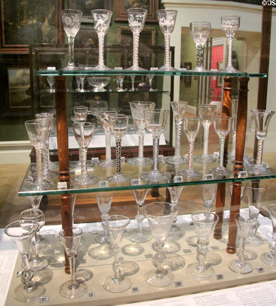 Collection of English drinking glasses (18thC) at Ashmolean Museum. Oxford, England.