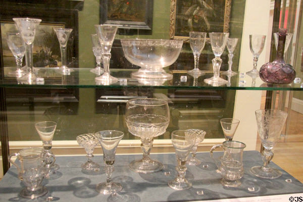 Collection of English & Anglo-Dutch drinking glasses (18thC) at Ashmolean Museum. Oxford, England.