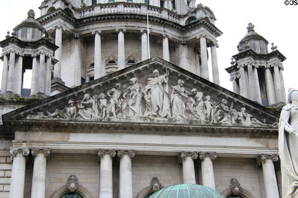 Frieze in pediment at Belfast City Hall. Belfast, Northern Ireland.
