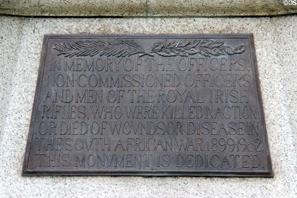 Plaque on Boer War Memorial sculpture (1905) by Sydney March on grounds of Belfast City Hall. Belfast, Northern Ireland.