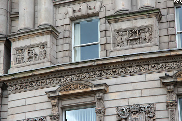 Facade carving details of Scottish Provident Institution on Donegall Square. Belfast, Northern Ireland.