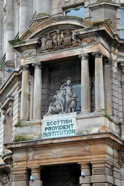 Corner details of Scottish Provident Institution on Donegall Square. Belfast, Northern Ireland.