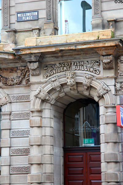 Doorway details of Scottish Provident Institution on Donegall Square. Belfast, Northern Ireland.